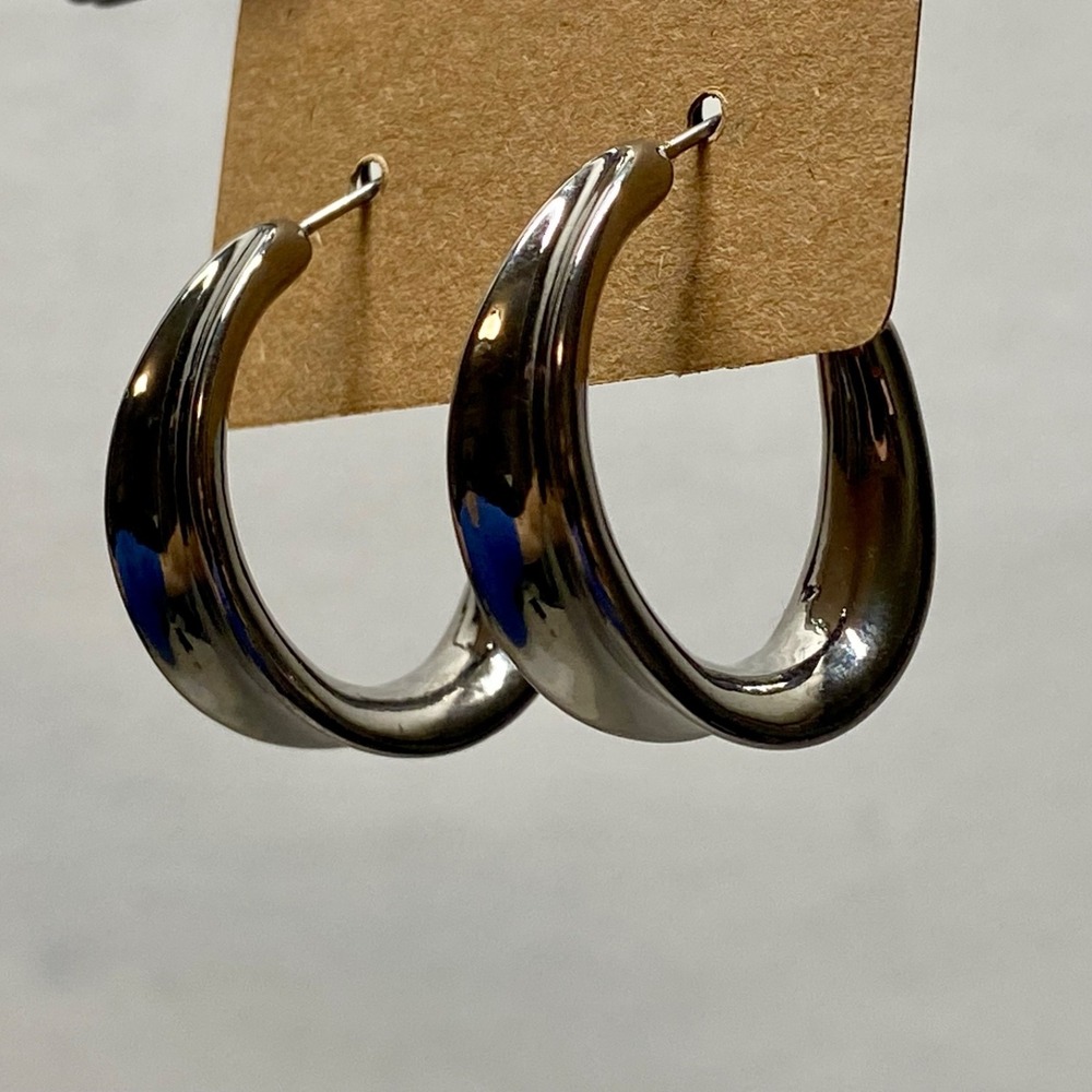 Surgical Stainless Steel 1" Hoop Earrings Heavy Silver Hinge Leverback Latch EUC View 3